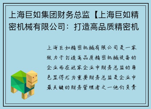 上海巨如集团财务总监【上海巨如精密机械有限公司：打造高品质精密机械设备】