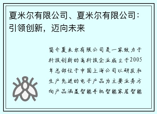 夏米尔有限公司、夏米尔有限公司：引领创新，迈向未来